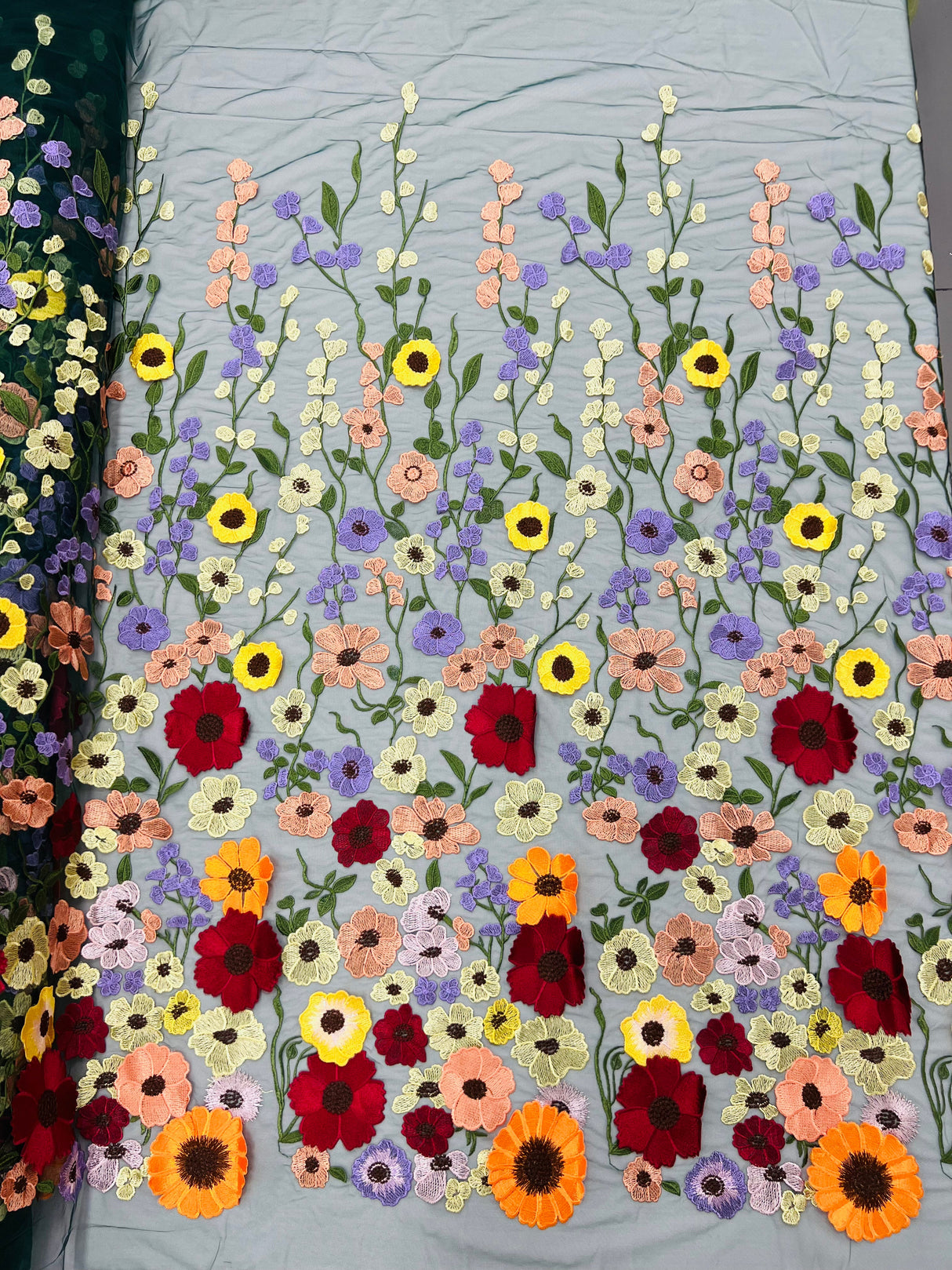 Multi Color Sun Flower 3D Design Embroidered Mesh Lace Fabric - Multi Color Sun Flower, Double Scallop, 48/50" Width (1 Yard)