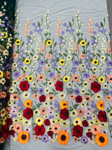 Multi Color Sun Flower 3D Design Embroidered Mesh Lace Fabric - Multi Color Sun Flower, Double Scallop, 48/50" Width (1 Yard)