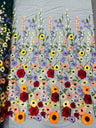 Multi Color Sun Flower 3D Design Embroidered Mesh Lace Fabric - Multi Color Sun Flower, Double Scallop, 48/50" Width (1 Yard)