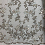 Beaded Lace Fabric - Embroidered On 100 Percent Polyester Net Mesh, Lt. Sage/Dark Sage, 54" Width (1 Yard)