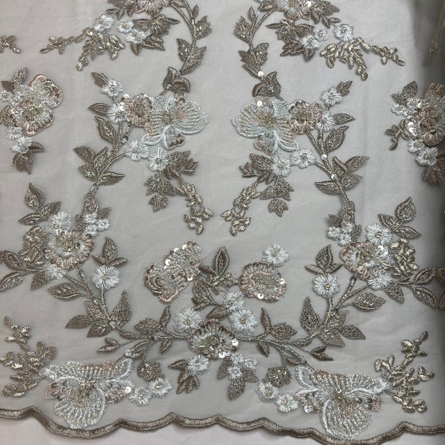 Beaded Lace Fabric - Embroidered On 100 Percent Polyester Net Mesh, Lt. Sage/Dark Sage, 54" Width (1 Yard)