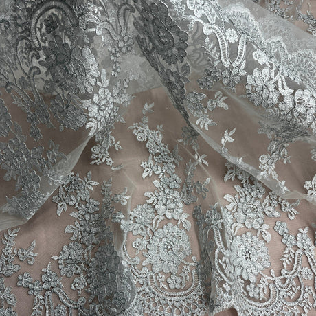 1 Yard Corded Bridal Lace Fabric Embroidered on Polyester Net Mesh
