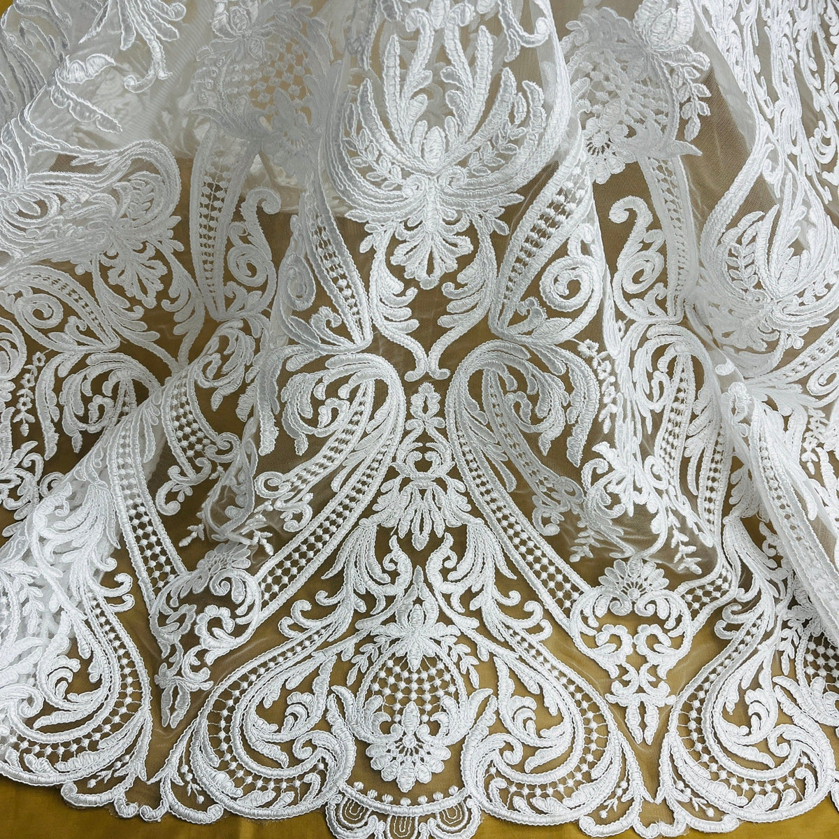 1 Yard 54" Wide Corded Bridal Lace Fabric Embroidered on 100% Polyester Net Mesh