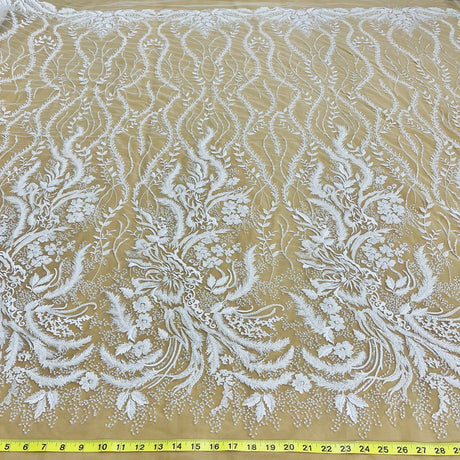 Beaded Lace Fabric - Embroidered 100 Percent Polyester Net Mesh, White, Ivory, Antique Silver, 56" Width (1 Yard)