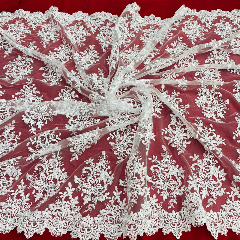 1 Yard Silver Beaded Lace Fabric Embroidered on Polyester Net Mesh Pearl Detail 51 Inch Width