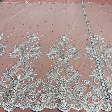 Beaded & Corded Bridal Lace Fabric - Gold, Silver Embroidered Net Mesh, 54" Width (1 Yard)
