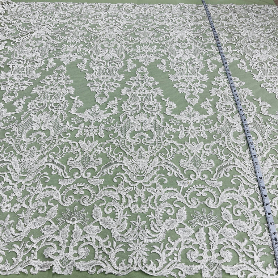 1 Yard Beaded & Corded Bridal Lace Fabric Embroidered on 100% Polyester Net Mesh