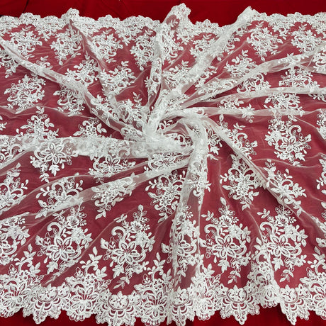 1 Yard Corded Bridal Lace Fabric Embroidered on 100% Polyester Net Mesh Gold 54" Wide
