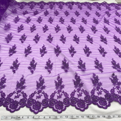 Beaded Corded Lace Fabric on Polyester Net Mesh
