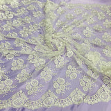 1 Yard - Corded Bridal Lace Fabric Embroidered on 100% Polyester Net Mesh - 50"