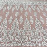 Beaded Lace Fabric Embroidered On 100 Percent Polyester Net Mesh - Ivory, White, 54" Width (1 Yard)