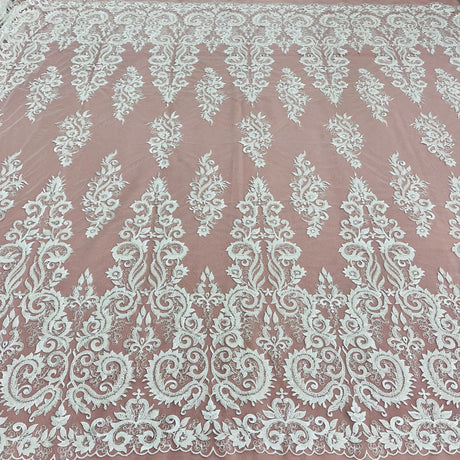 Beaded Lace Fabric Embroidered On 100 Percent Polyester Net Mesh - Ivory, White, 54" Width (1 Yard)