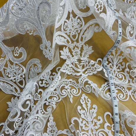 Beaded Corded Bridal Lace Ivory Mesh