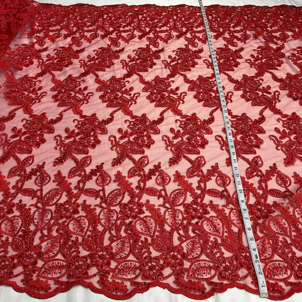 Beaded Corded Lace Fabric on Polyester Net Mesh