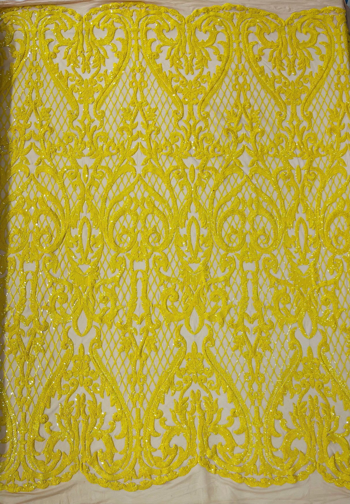 Heart Sequin Damask Polyester Fabric - Heart Damask, Iridescent Sequins, 54" Width (1 Yard)