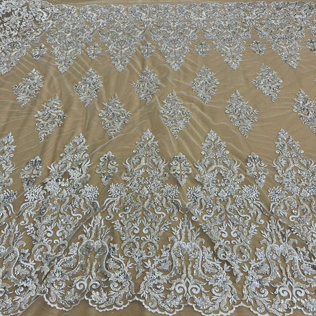 Beaded Sequined Lace Fabric Ivory
