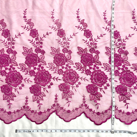 1 Yard Beaded Lace Fabric Embroidered on 100% Polyester Net Mesh | Lace USA - 30146W-BP - Fuchsia - 52" Wide