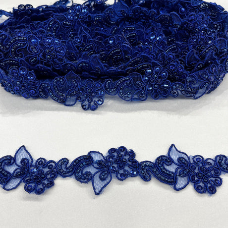 Beaded Corded Lace Trimming Embroidered On 100 Percent Polyester Fabric - Color Options, 2" Width (1 Yard)