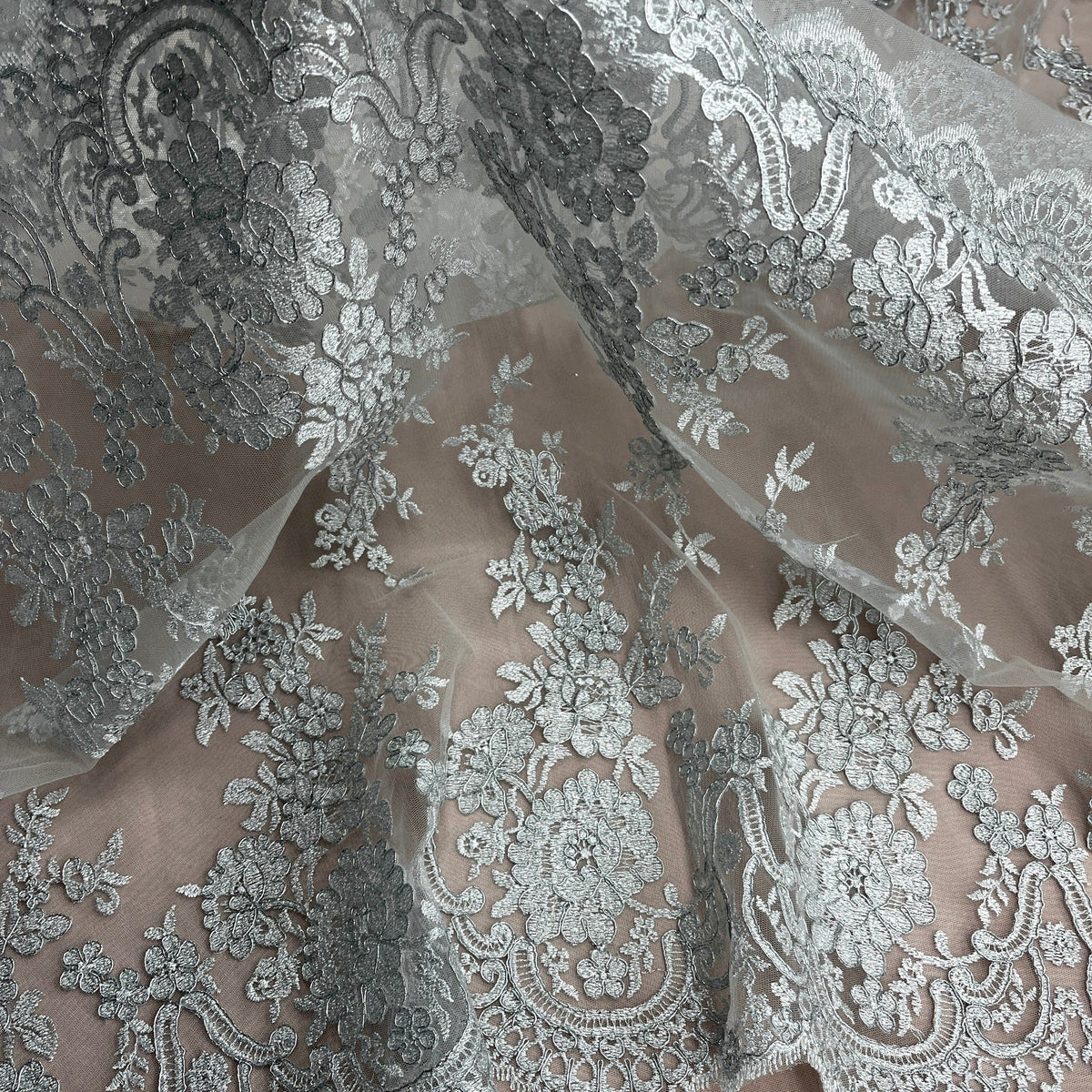 1 Yard Elegant Corded Bridal Lace Fabric on 100% Polyester Mesh, Embroidered Floral Design