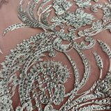 1 Yard - Corded & Sequined Bridal Lace Fabric Embroidered on 100% Polyester Net Mesh - 54"