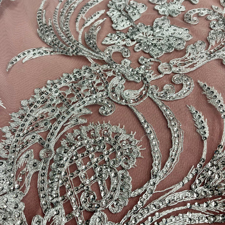 1 Yard - Corded & Sequined Bridal Lace Fabric Embroidered on 100% Polyester Net Mesh - 54"