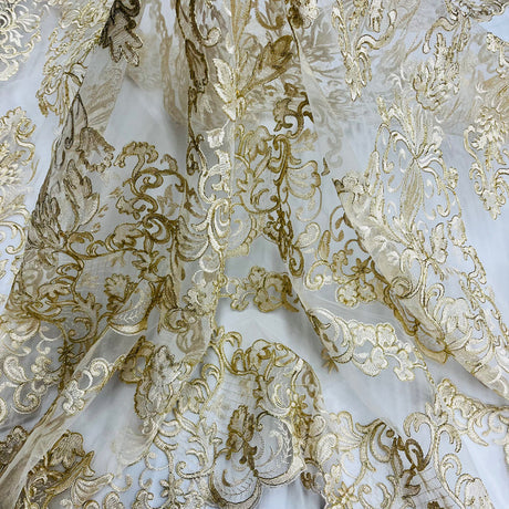 1 Yard Elegant Corded Bridal Lace Fabric Embroidered on 100% Polyester Net Mesh White