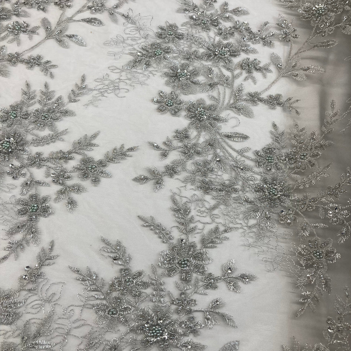 Beaded Floral Lace Fabric on Polyester Net Mesh