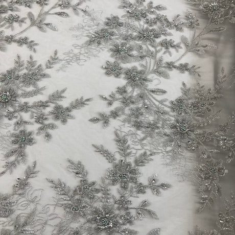 Beaded Floral Lace Fabric on Polyester Net Mesh