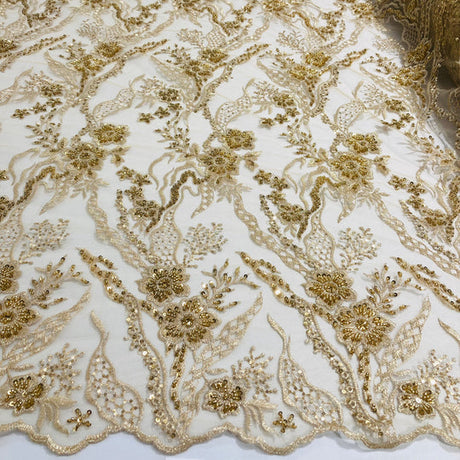 1 Yard Silver Beaded Lace Fabric Embroidered on Polyester Net Mesh for Couture Sewing 50 Inch Width