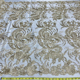 1 Yard - Corded & Sequined Bridal Lace Fabric Embroidered on 100% Polyester Net Mesh - 54"