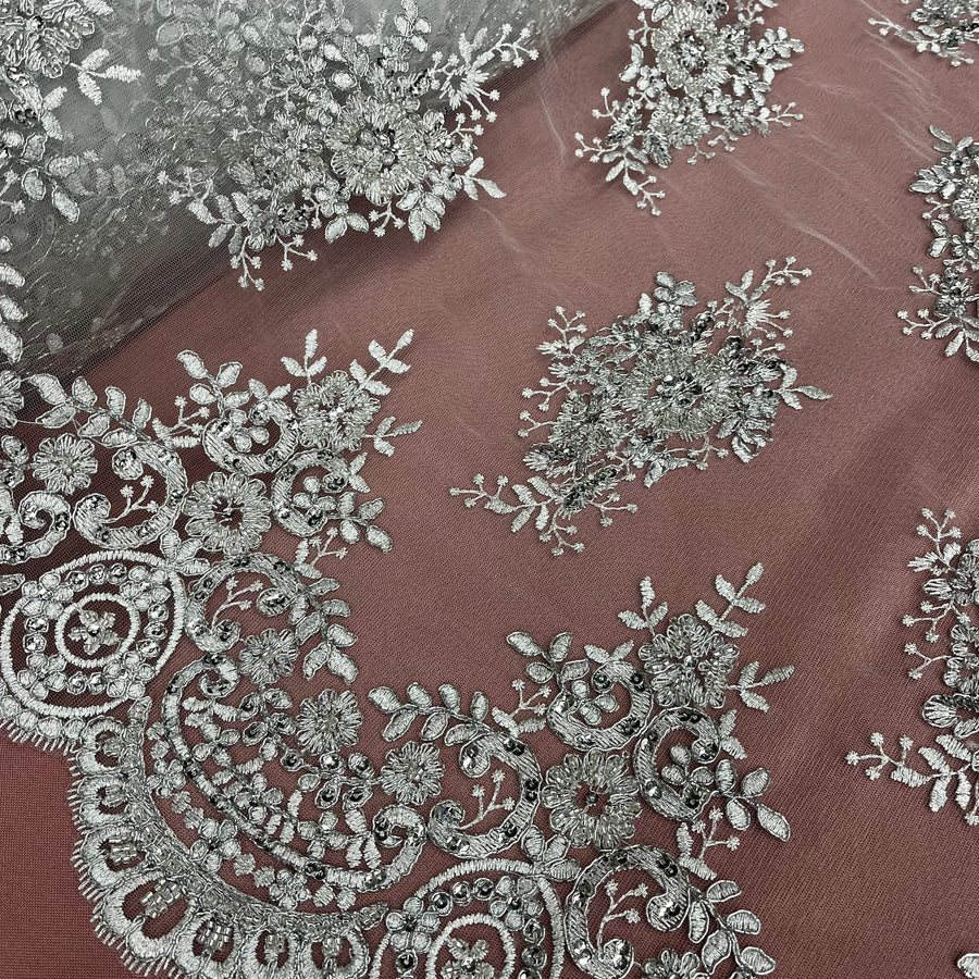 1 Yard Beaded and Corded Lace Fabric Embroidered on Polyester Net Mesh