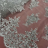 1 Yard Beaded and Corded Lace Fabric Embroidered on Polyester Net Mesh