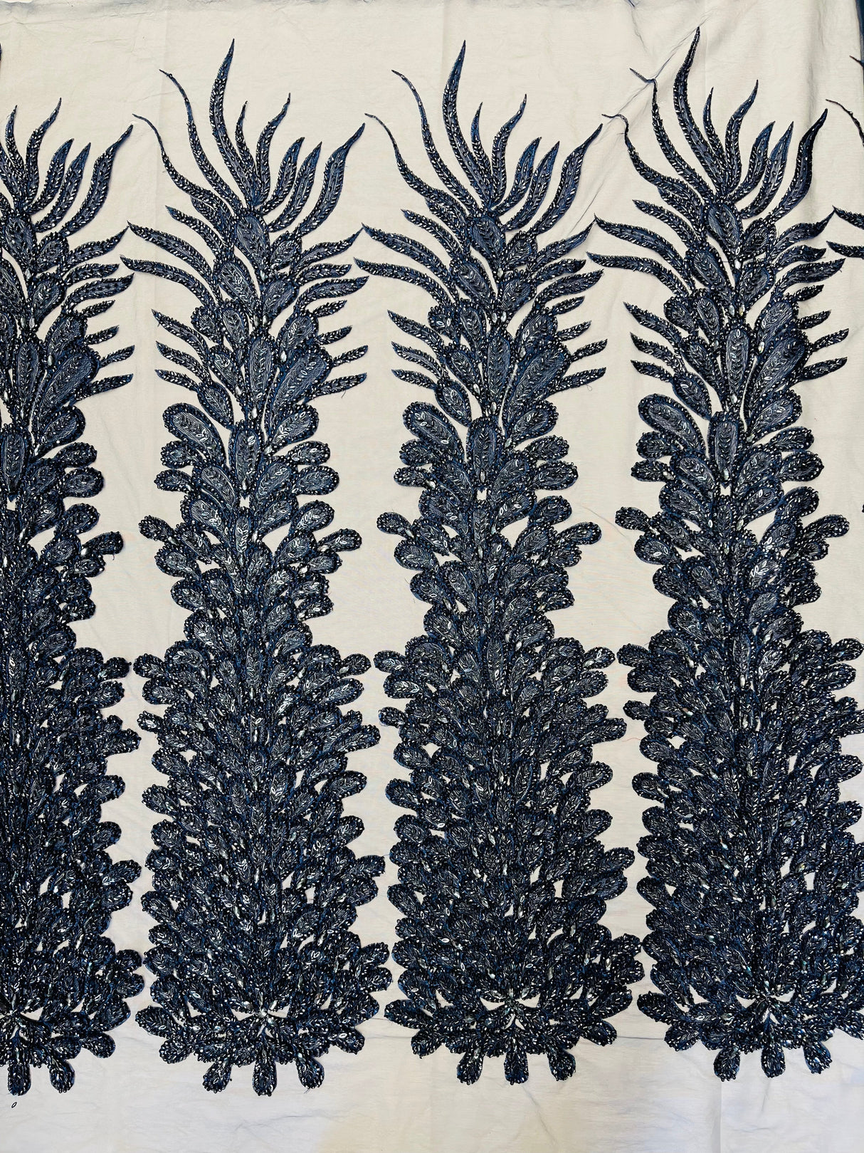 New Vegas Heavy Beaded Feather Design Embroidery Mesh Fabric - Beaded Feather Design, 11" Width, 50" Length (1 Panel)