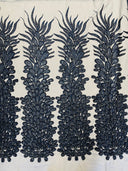 New Vegas Heavy Beaded Feather Design Embroidery Mesh Fabric - Beaded Feather Design, 11" Width, 50" Length (1 Panel)