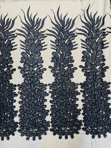 New Vegas Heavy Beaded Feather Design Embroidery Mesh Fabric - Beaded Feather Design, 11" Width, 50" Length (1 Panel)