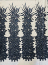 New Vegas Heavy Beaded Feather Design Embroidery Mesh Fabric - Beaded Feather Design, 11" Width, 50" Length (1 Panel)