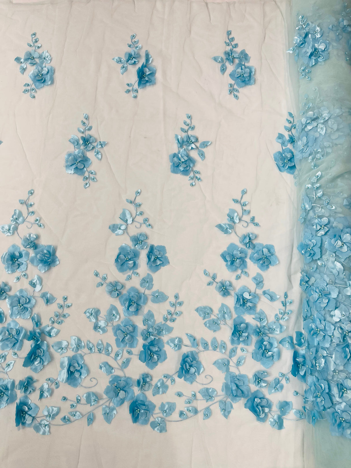 Orquidia 3D Floral Design Embroidered With Pearls Lace Fabric - 3D Floral Mesh Lace, 54" Width (1 Yard)