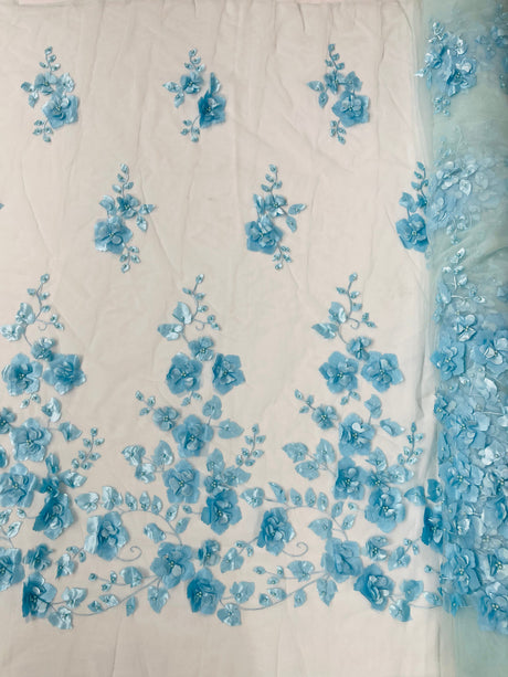 Orquidia 3D Floral Design Embroidered With Pearls Lace Fabric - 3D Floral Mesh Lace, 54" Width (1 Yard)