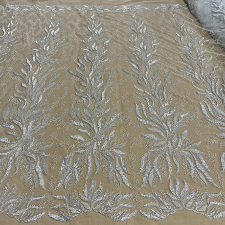 Beaded & Corded Bridal Lace Fabric - Embroidered Net Mesh, 58" Width (1 Yard)