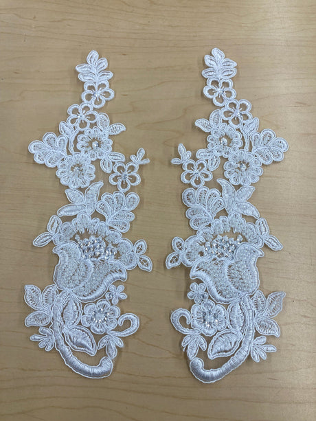 1 Pair 10" x 3.5" Each Side Beaded & Corded Floral Lace Applique100% Polyester Net Mesh