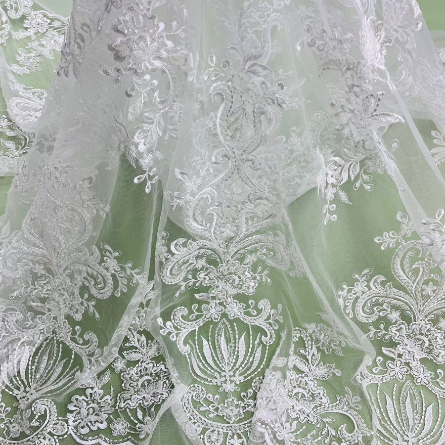 1 Yard Elegant Beaded Lace Fabric Embroidered on Polyester Net Mesh White Ivory and Gold