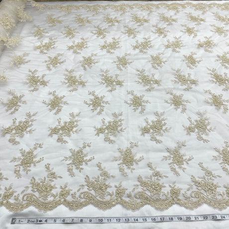 Beaded Corded Bridal Lace Fabric - Embroidered Polyester Net Mesh, Pearl Sequin Detail, 54" Width (1 Yard)