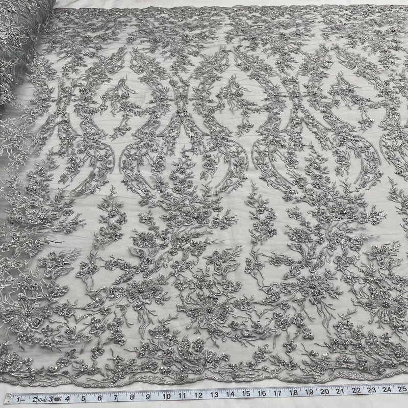 Beaded Lace Fabric Embroidered On 100 Percent Polyester Net Mesh - Silver, Champagne, 54" Width (1 Yard)