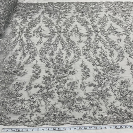 Beaded Lace Fabric Embroidered On 100 Percent Polyester Net Mesh - Silver, Champagne, 54" Width (1 Yard)