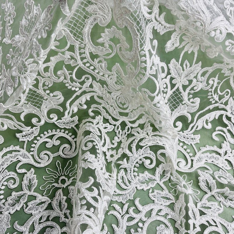 1 Yard Ivory Corded Bridal Lace Fabric Embroidered on 100 Percent Polyester Net Mesh 53 Inch Width