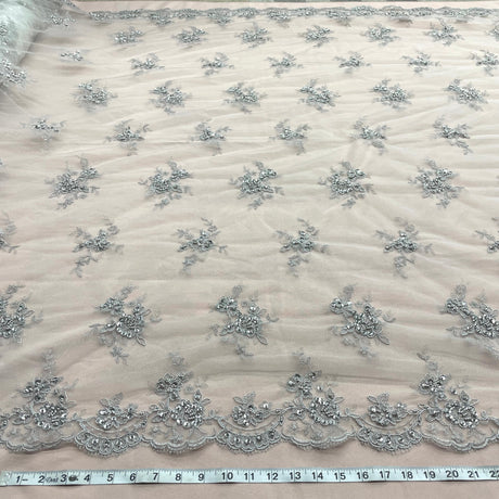 Beaded Corded Bridal Lace Fabric - Red, Silver, Black Embroidered On 100 Percent Polyester Net Mesh, 54" Width (1 Yard)