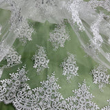 1 Yard Glamorous Beaded and Corded Lace Fabric Embroidered on 100% Polyester Net Mesh White