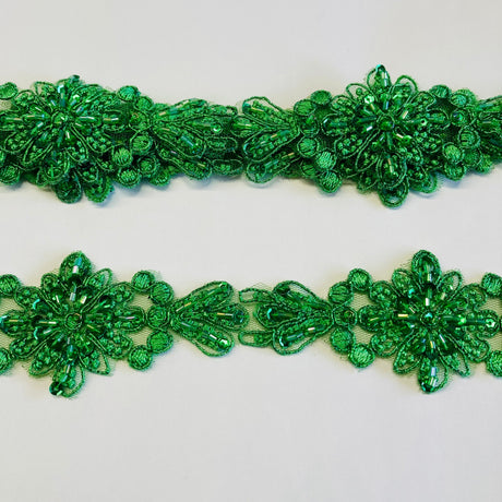 Beaded And Corded Lace Trimming 100 Percent Polyester Net Mesh Fabric - Purple, Emerald Green, 2" Width (1 Yard)