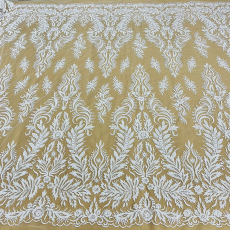 Beaded Sequined Lace Fabric - Ivory, White, 56" Wide (1 Yard)
