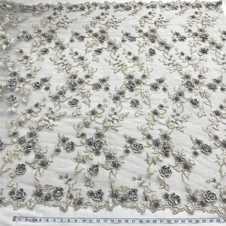 Beaded 3D Floral Lace Polyester Fabric - Embroidered Net Mesh, 54" Width (1 Yard)